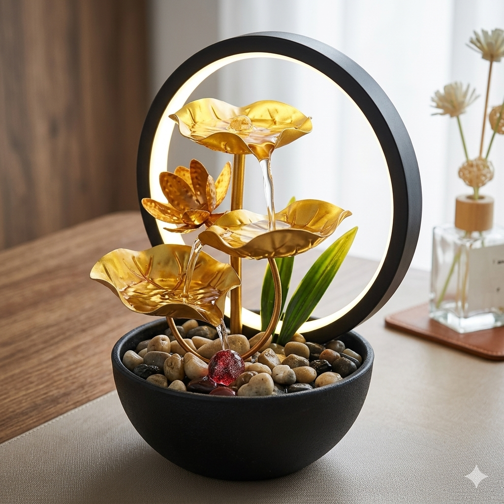classy water fountain decor with ring light