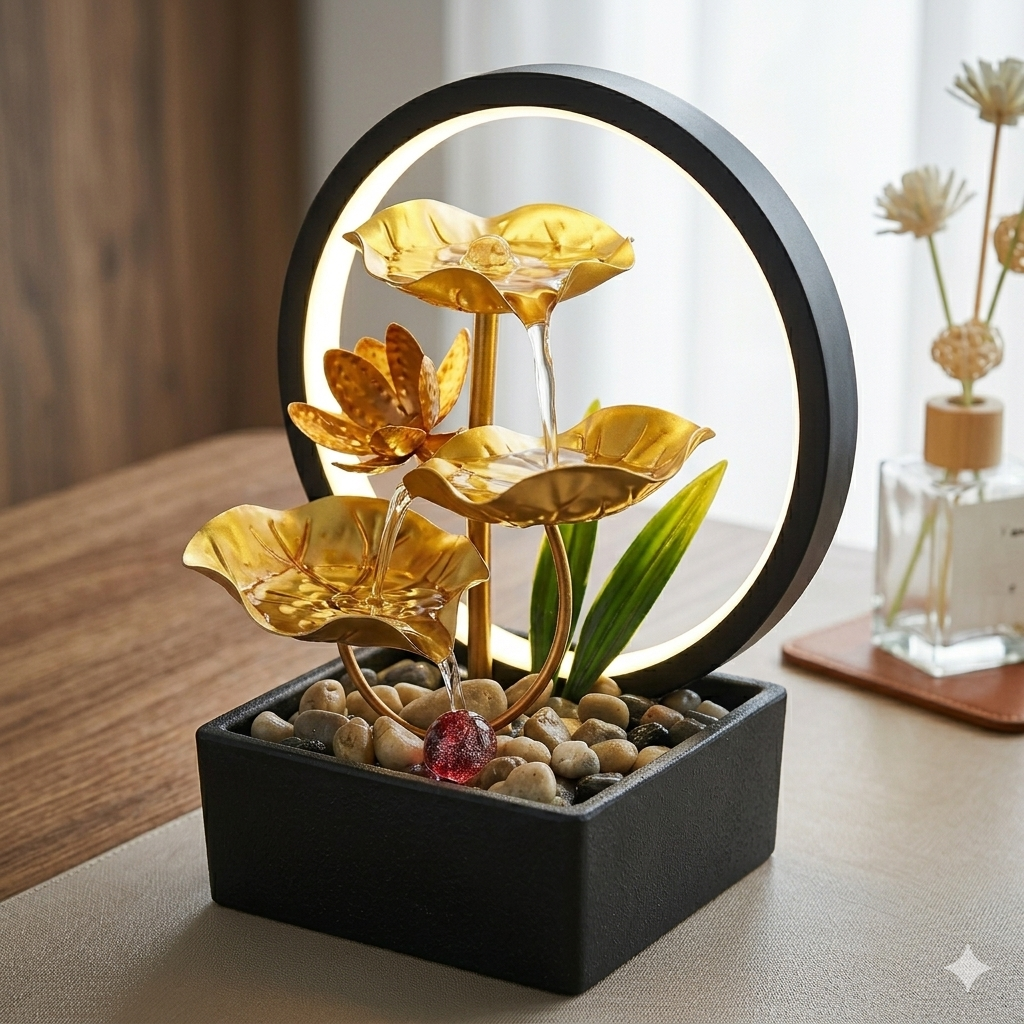classy water fountain decor with ring light