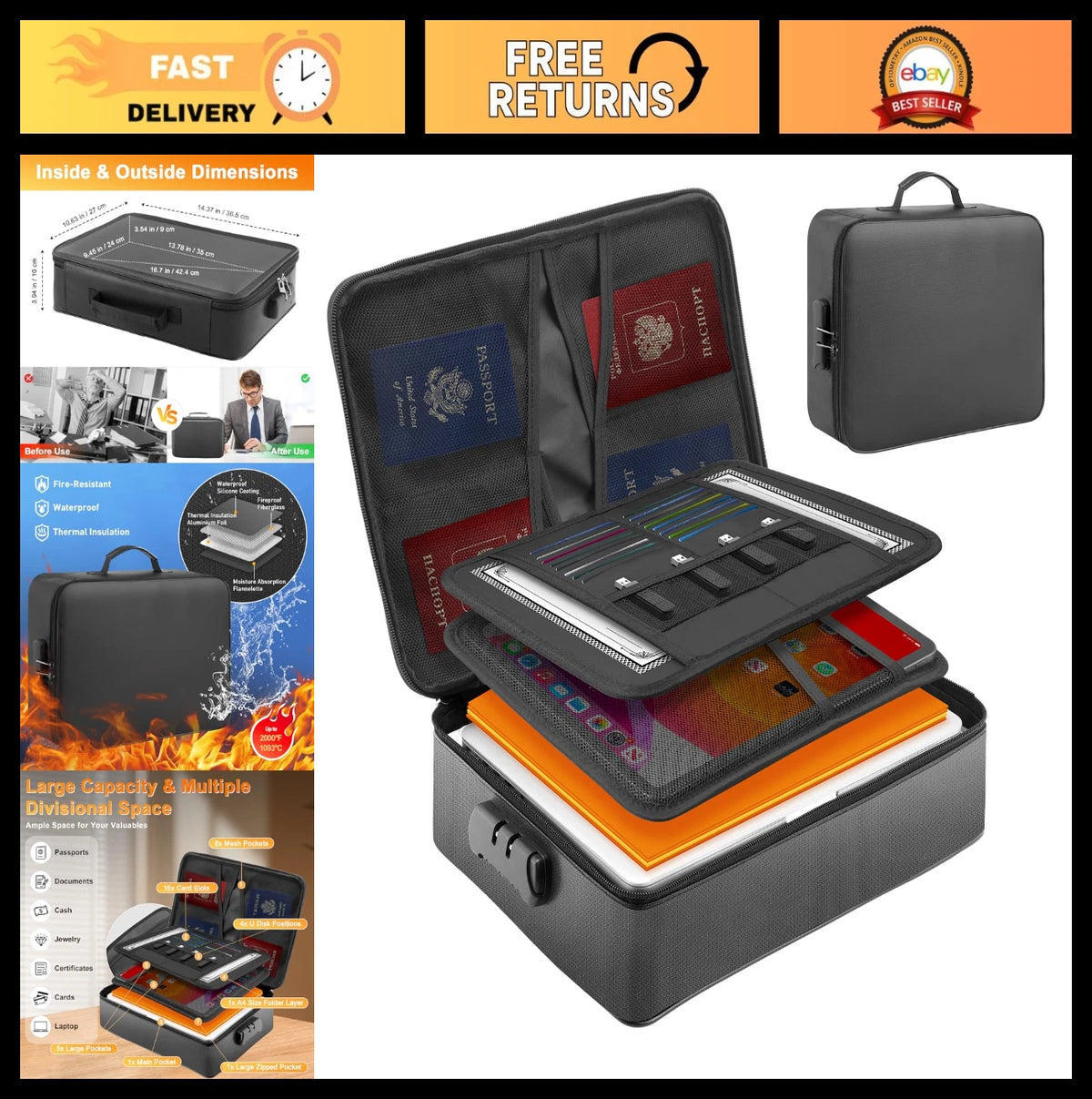 1pc Large Fireproof and Waterproof Document Bag